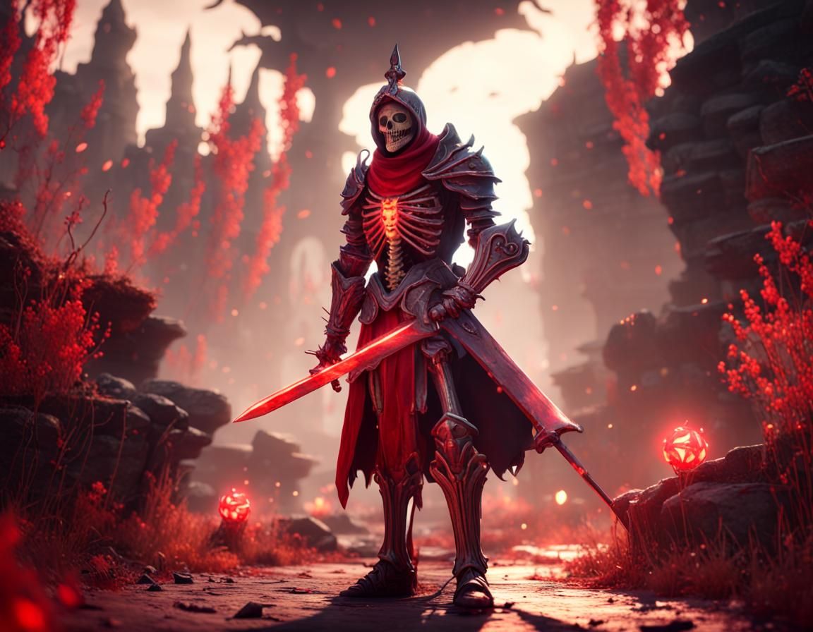 Evil Skeleton Knight in Red Armor, 3D Game Art