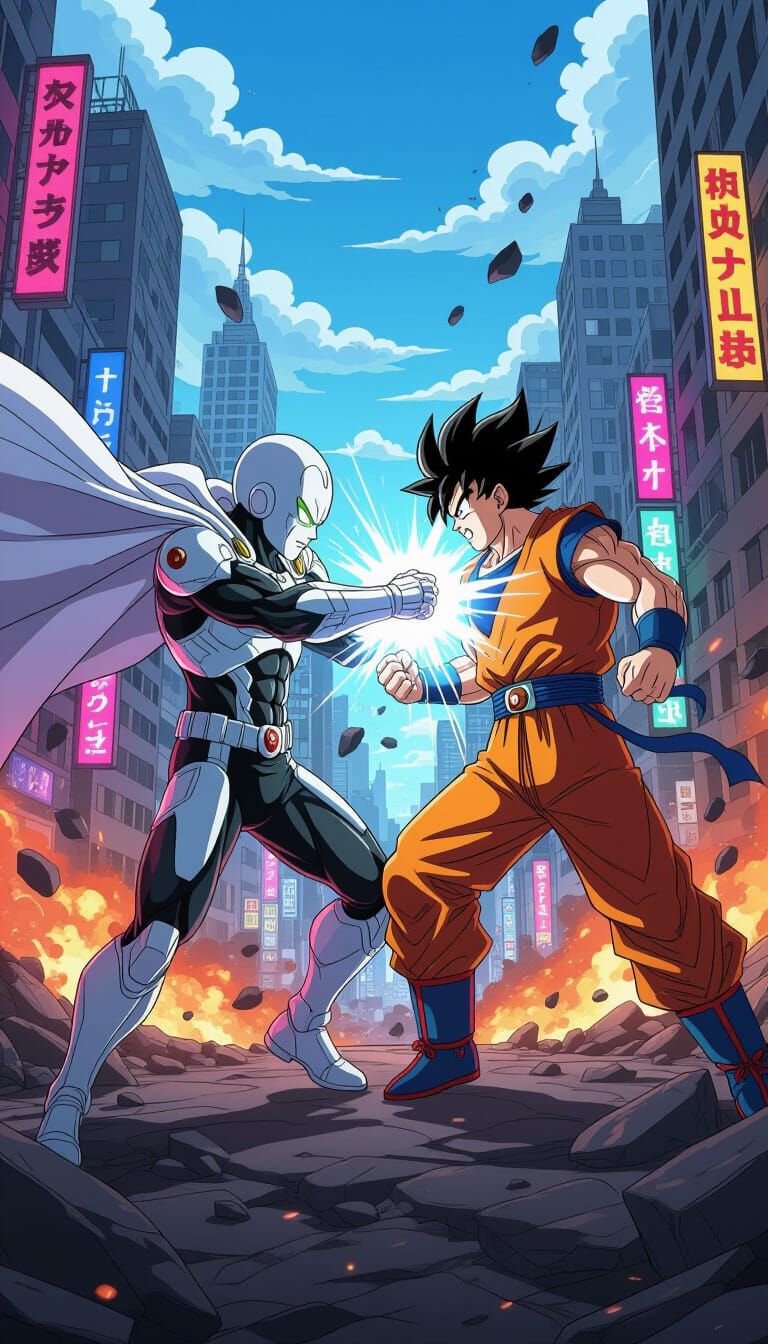 Epic Superhero Battle in Futuristic Anime City