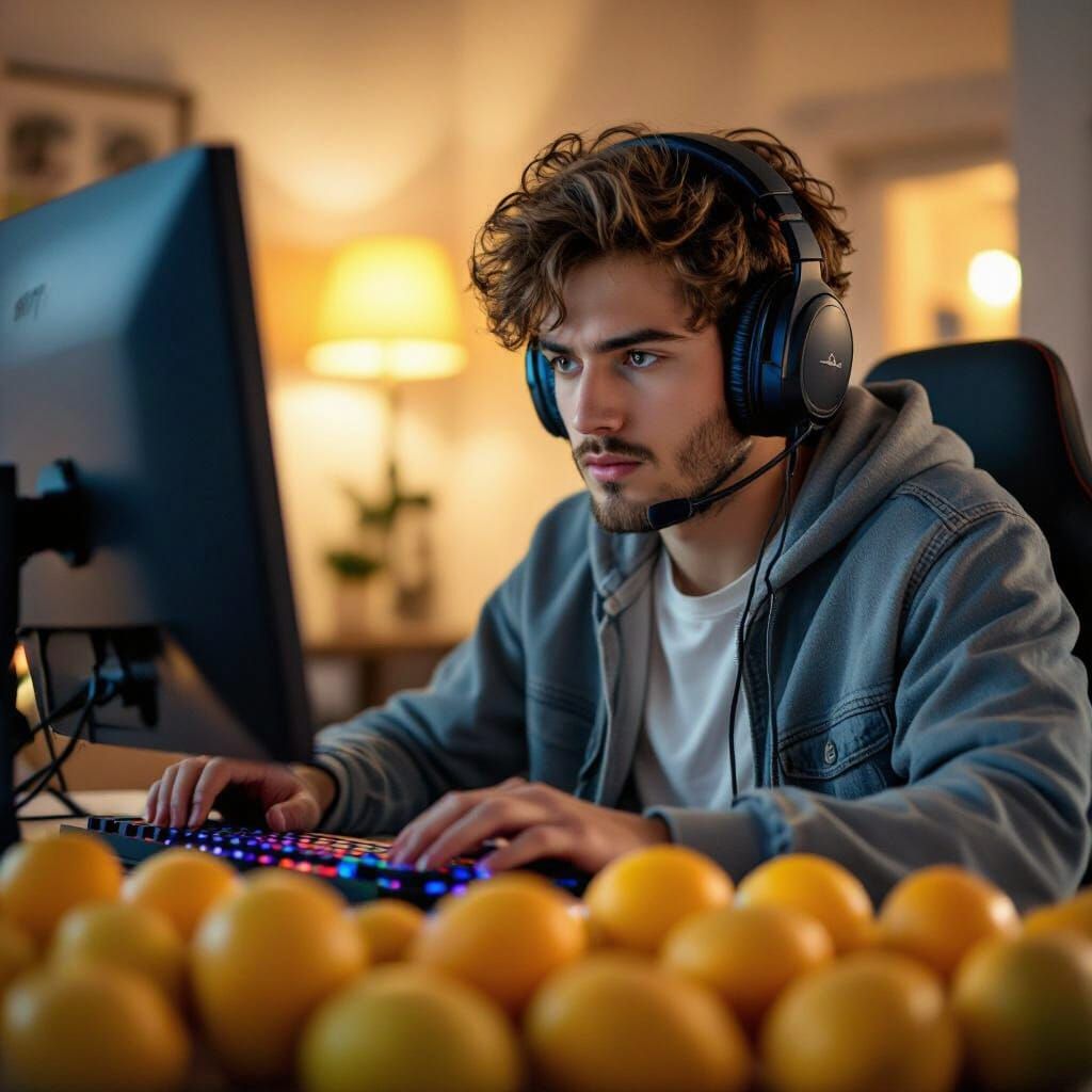 Gamer Immersed in Roblox Surrounded by Mangoes