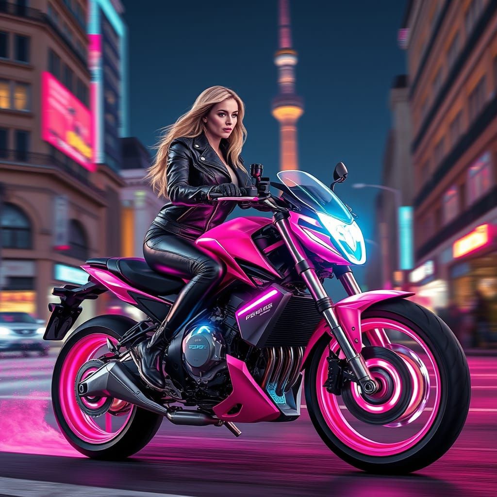 Neon Motorbike Rider in Futuristic Cityscape