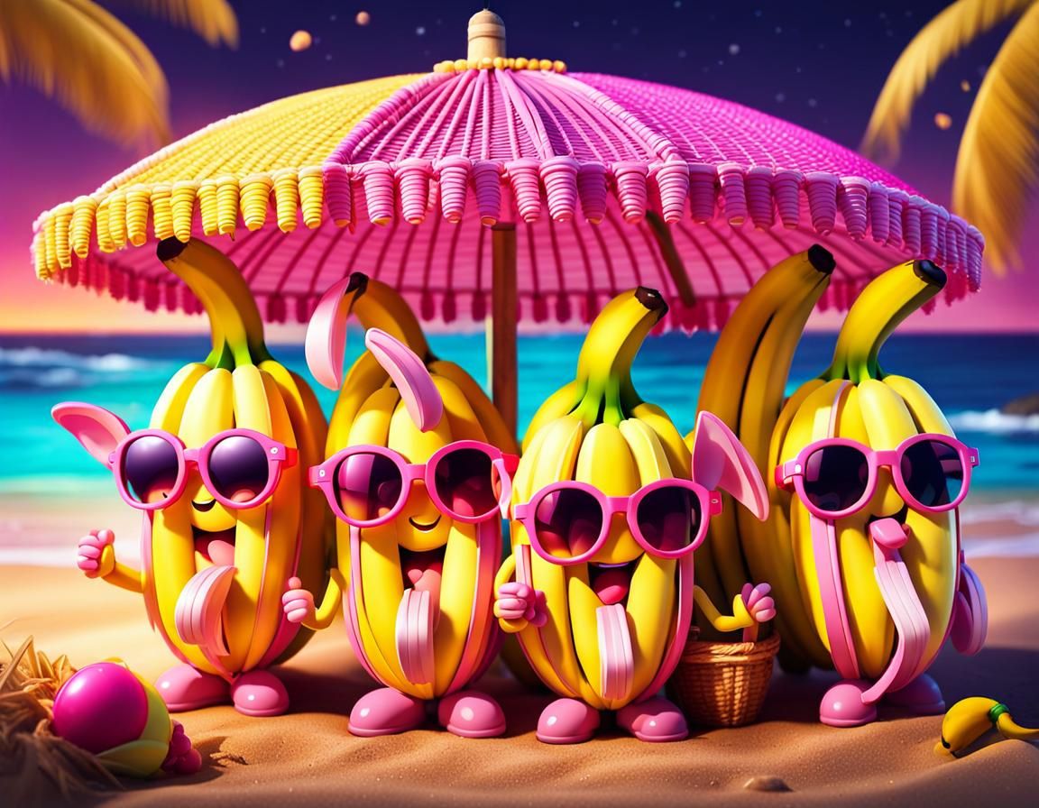 Chibi Bananas Party on Beach in 3D Render