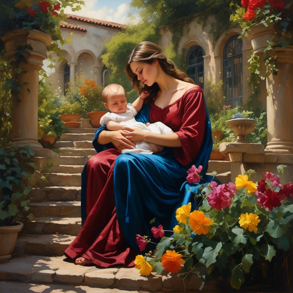 Holy Mary and Baby Jesus in a Garden