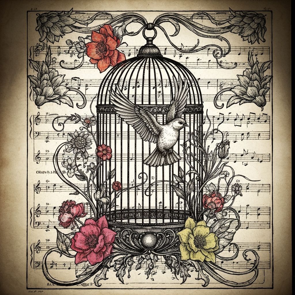 Fantasy Birdcage Etching With Escaping Bird and Flowers
