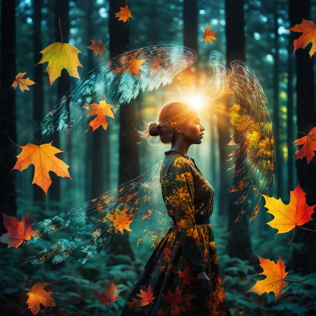 Ethereal Angel Emerges from Fall Forest in Sunrise Glory