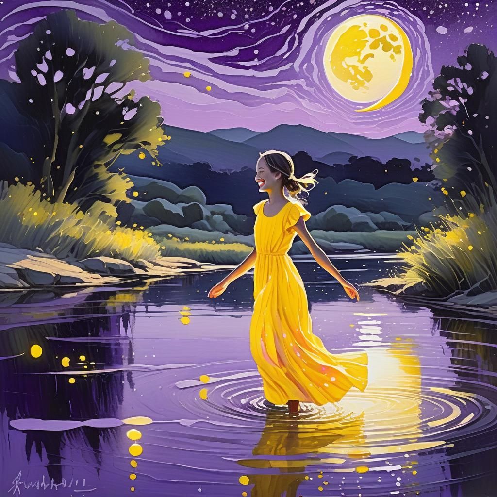 Girl by River in Gouache Impressionist Painting