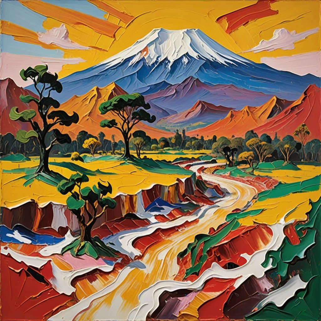 Ethereal Kilimanjaro at Dawn in Neo-Expressionist Oil Painti...