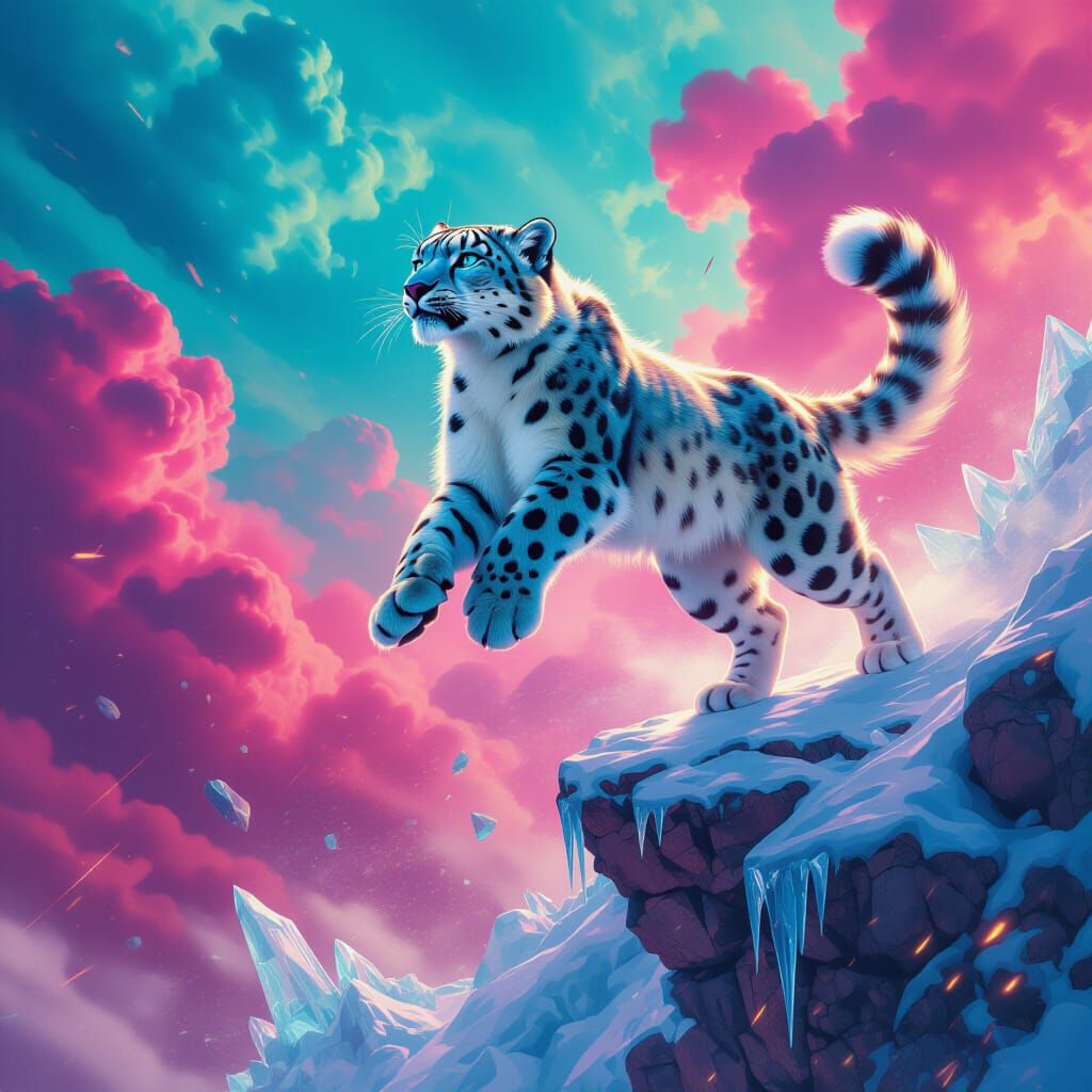 Snow Leopard Leaps Through a Sky of Fire