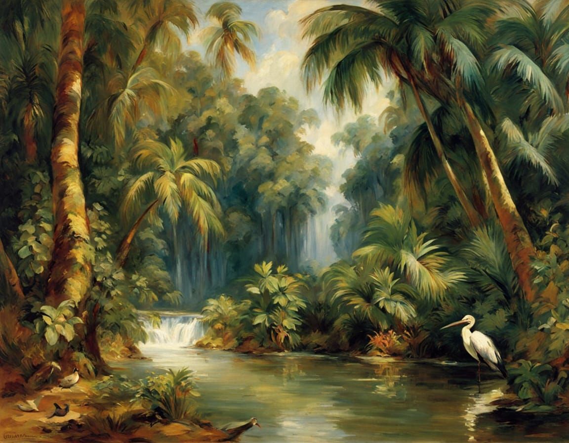 Misty Tropical Waterfall in Classical Style