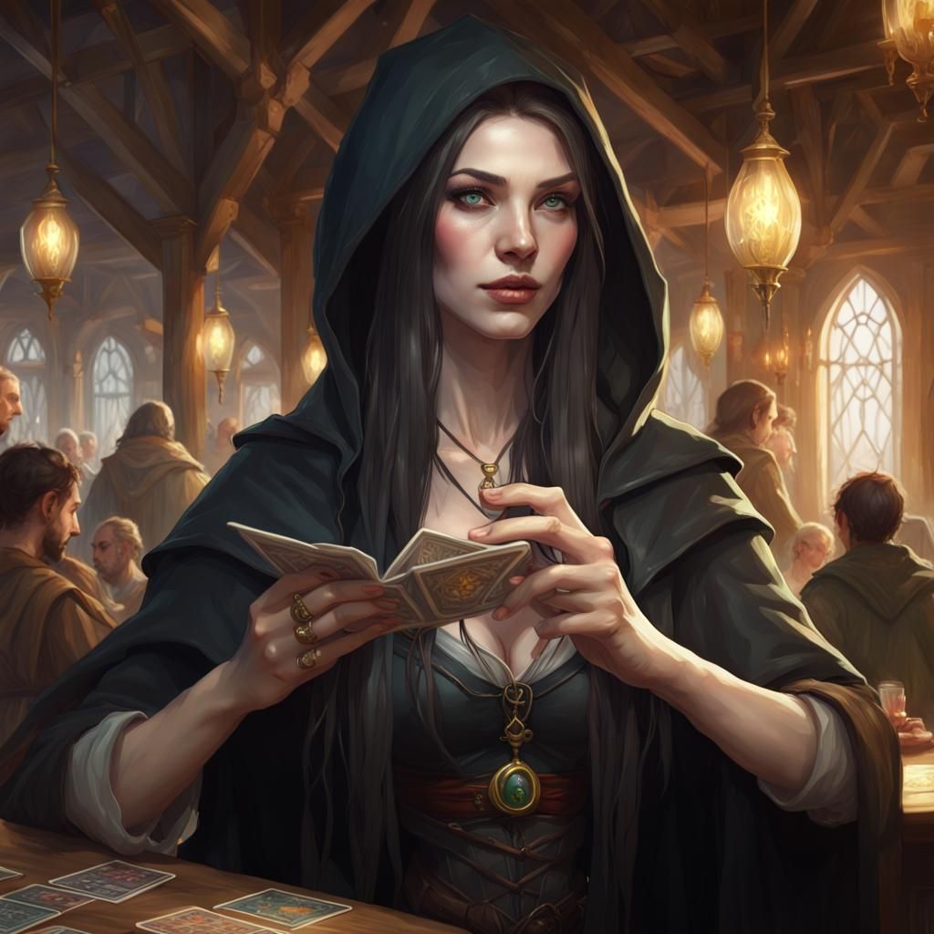 Elven Bard Reads Tarot in Tavern, Detailed Fantasy Art