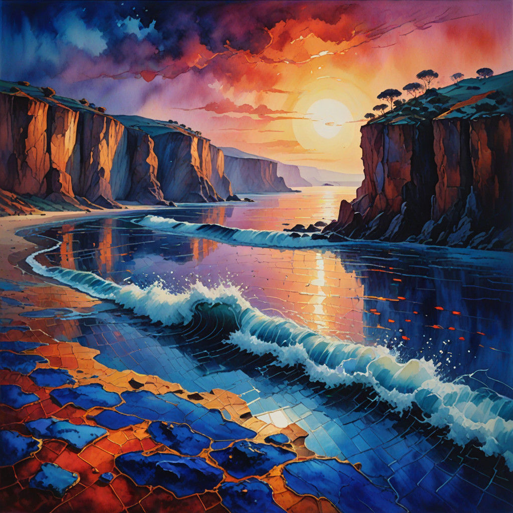 Dreamlike Lapis Lazuli Sea at Sunset, in Vibrant Watercolor