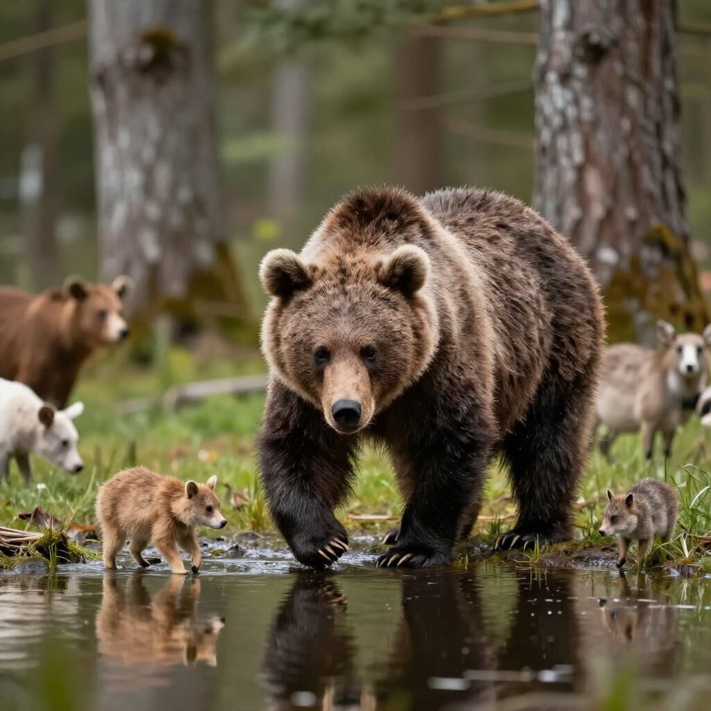 Baby Bear Sees Adult Reflection in Water