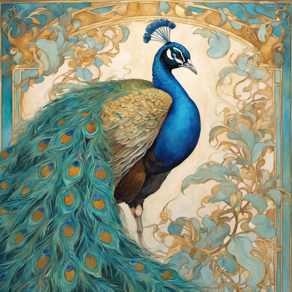 Art Nouveau Peacock Painting with Turquoise and Gold