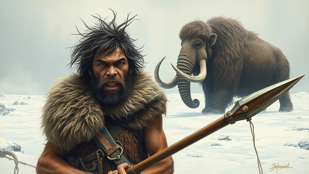 Primal Ice Age Warrior in a Frostbitten Landscape