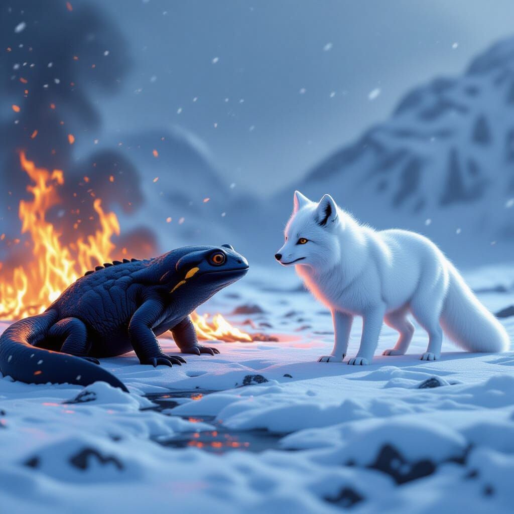 Fire Salamander vs Ice Fox on Burning Ice