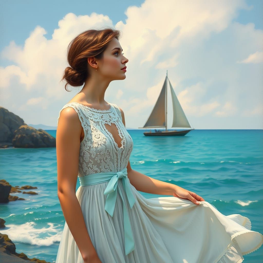 European Woman in Summer Dress Admires Sailboat on Turquoise...
