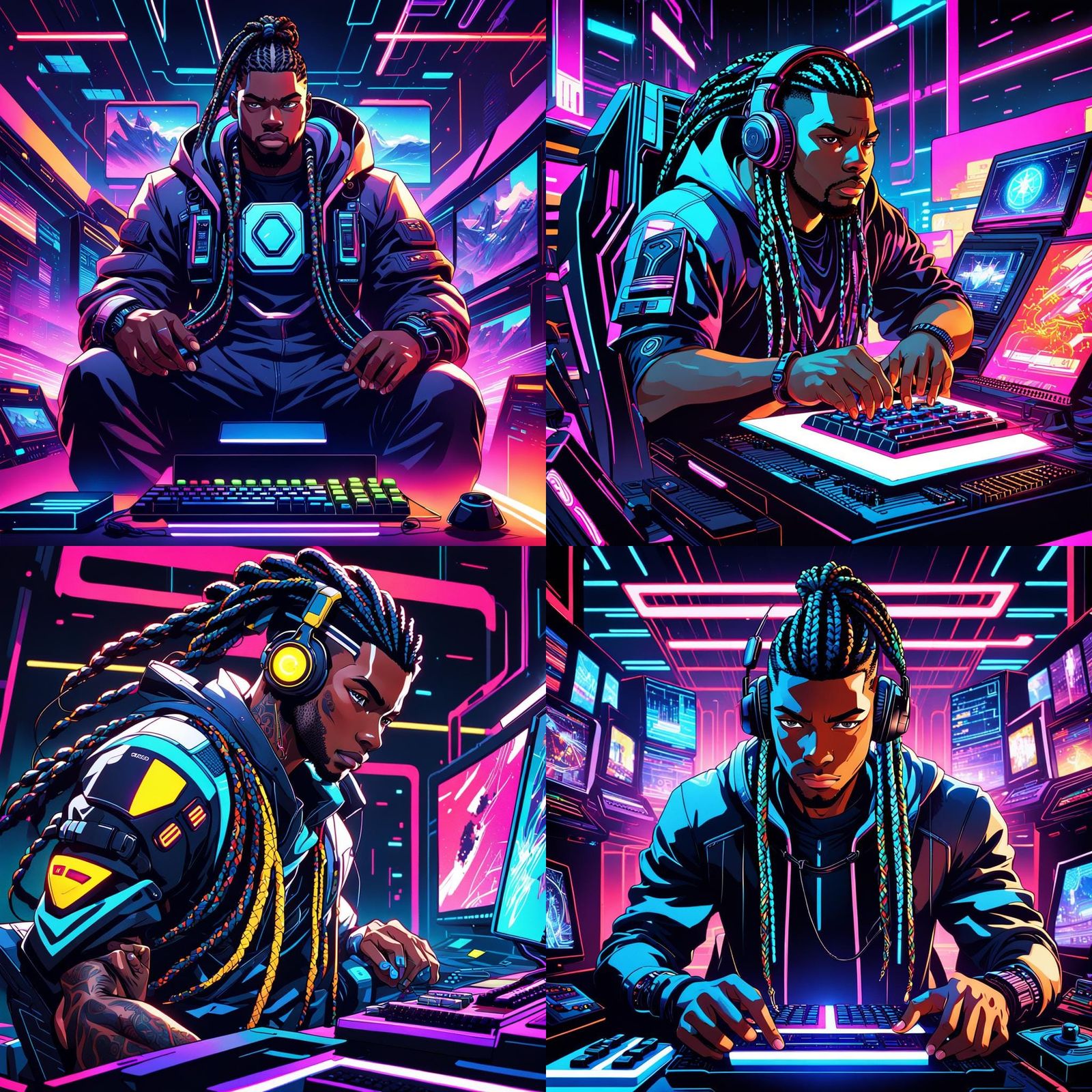 Gamer in Futuristic Setup: Cel-Shaded Anime Art