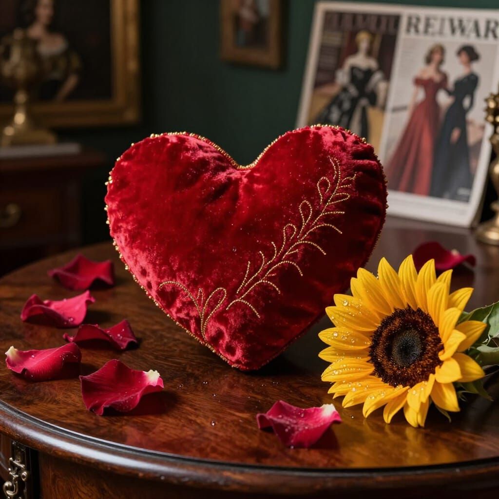 Velvet Heart with Rose Petals and Sunflower