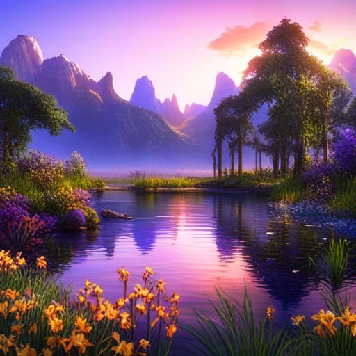 Fantastical Iris Flowers on Pond, Matte Painting