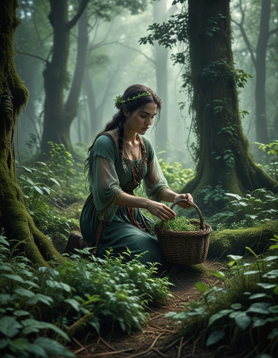 Druid Gathering Herbs in Misty Forest