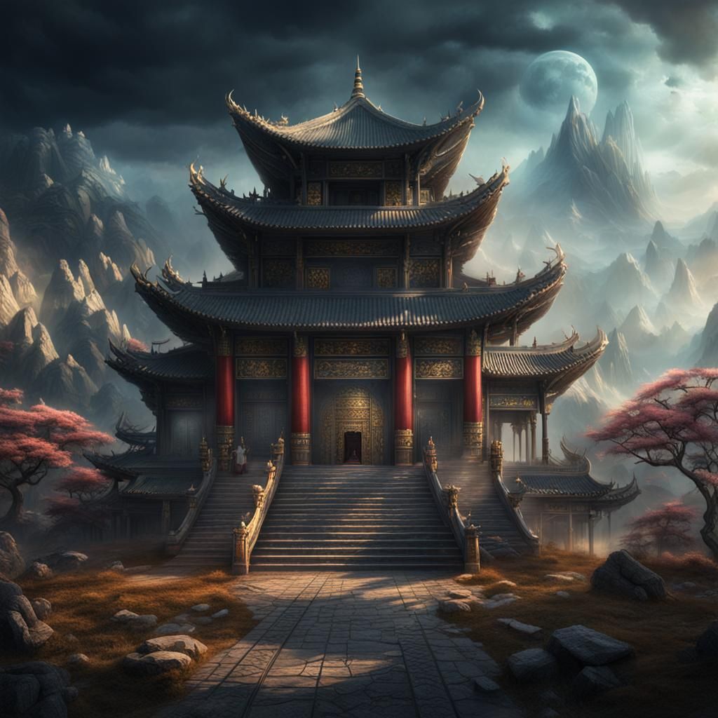 Chinese Goddess Temple in Dark Fantasy Landscape