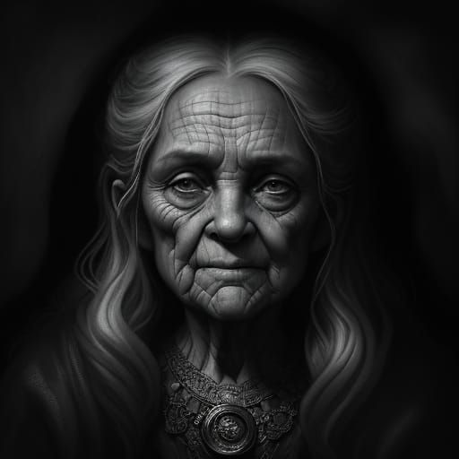 Mysterious Old Woman in a Haunting Dimly Lit Chamber