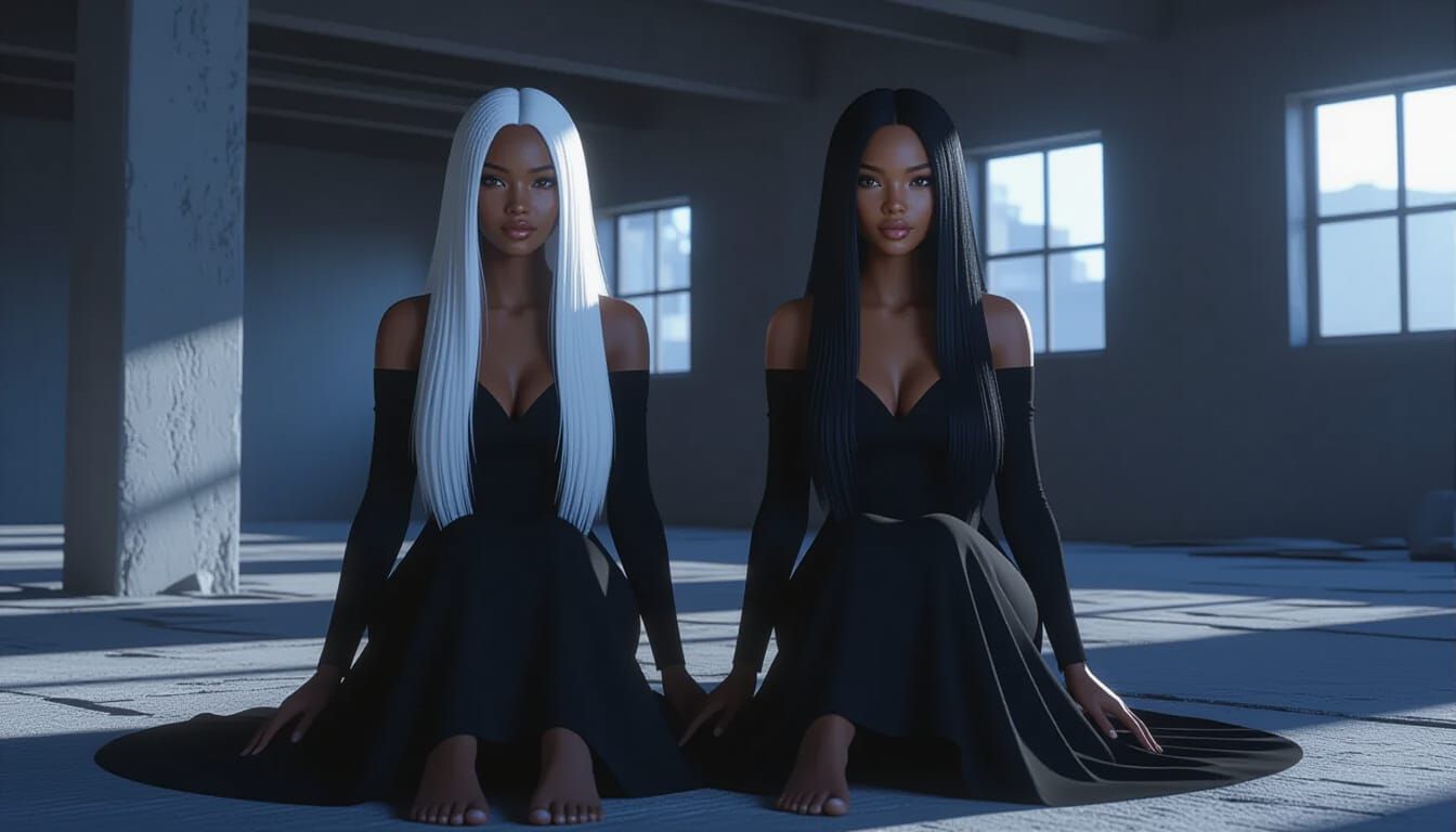 Two Young Women in Shadowed Building, Animated Style