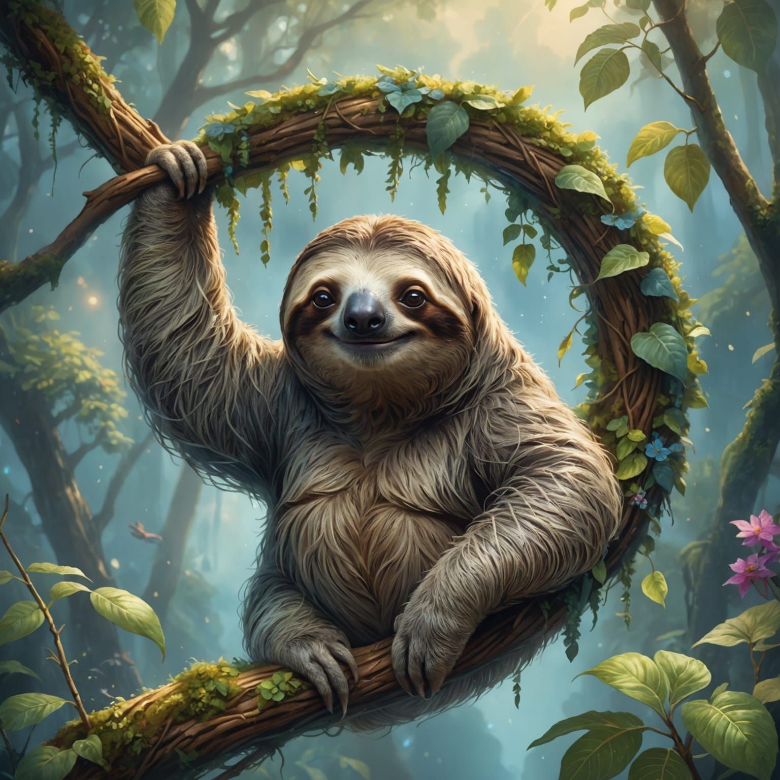 Smiling Sloth in Ethereal Fantasy Landscape
