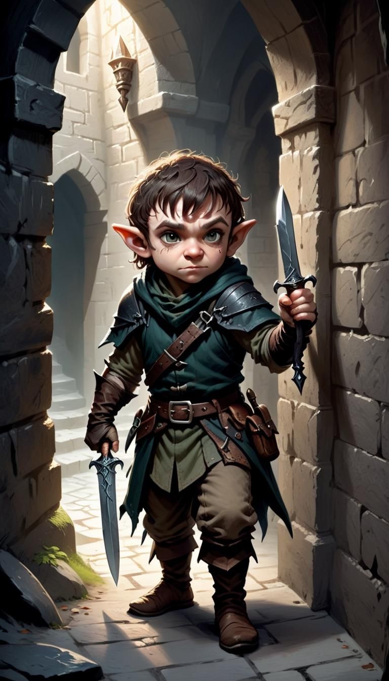 Halfling Thief with Daggers Lurking in Dungeon