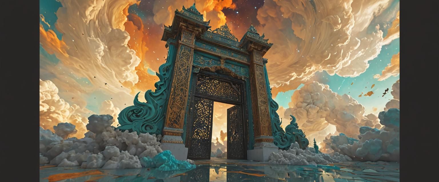 Glowing Gate Amidst Celestial Clouds: A Surreal Digital Art