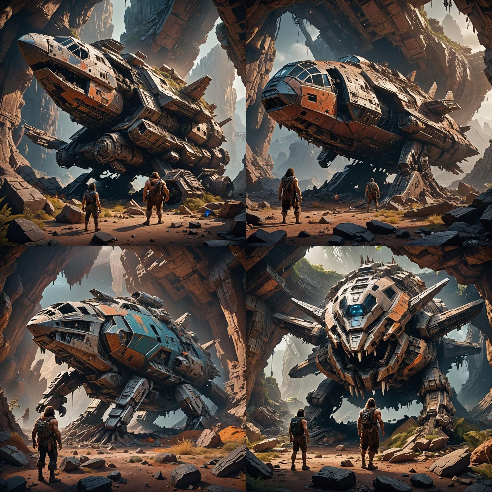 Caveman and Crashed Spaceship: Detailed Fantasy Art