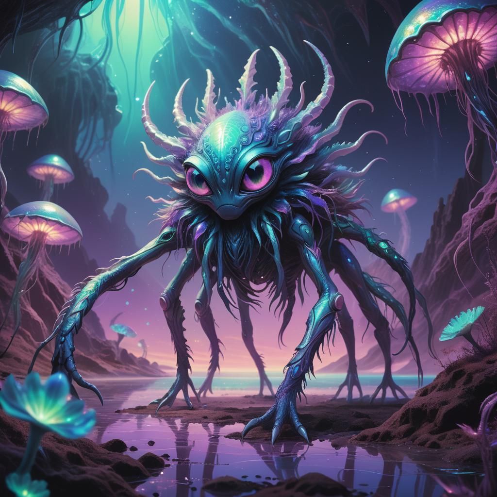Iridescent Six-Legged Alien in Electric Dreamscape