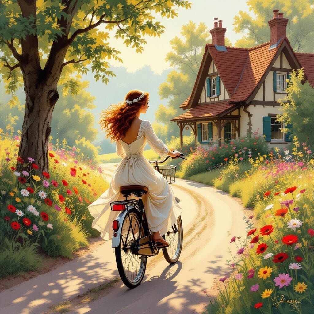 Woman on Bicycle in Halftone Print Style