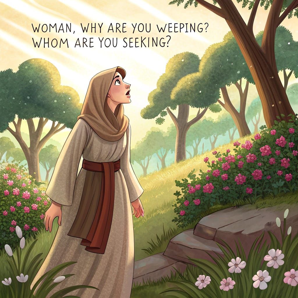 Woman Encounters the Resurrected Christ in a Lush Garden