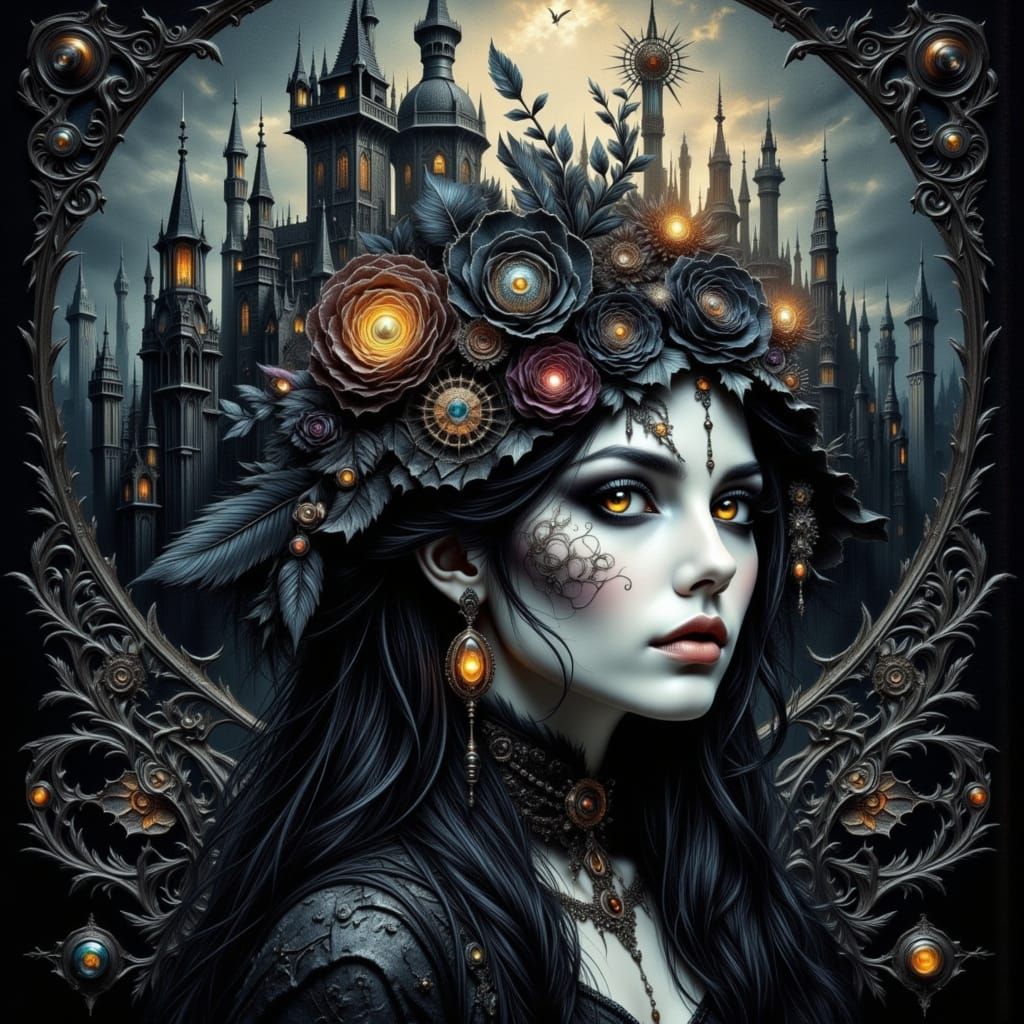 Dark Mystical Cityscape in Gothic Folk Art Style