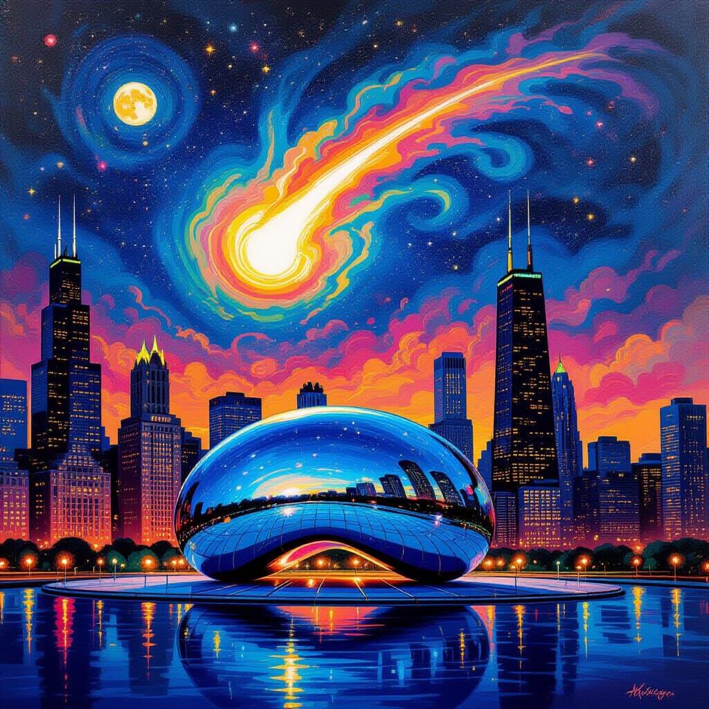 Halley's Comet Over Chicago's Bean Sculpture