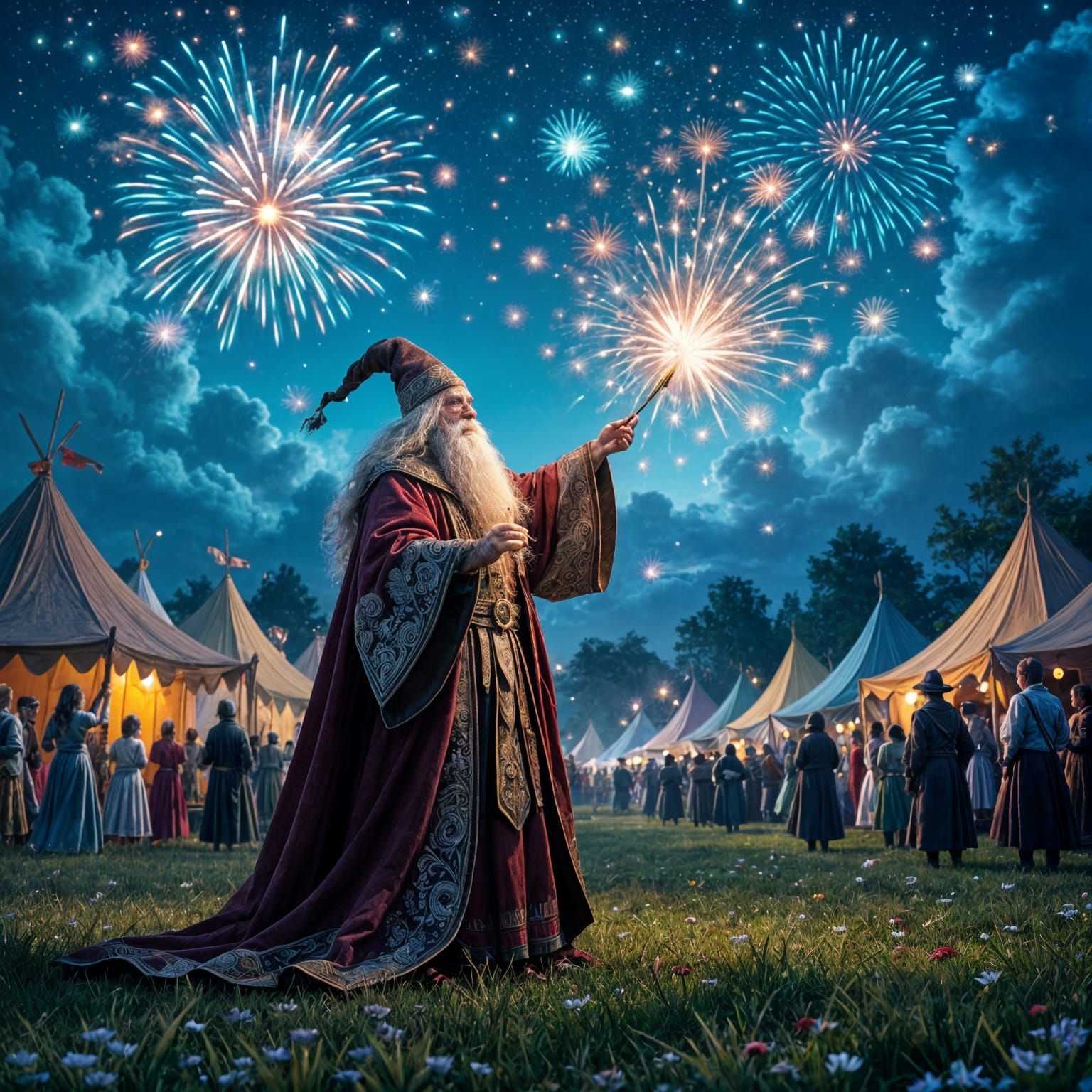 Wizard with Fireworks Display in Matte Painting Style