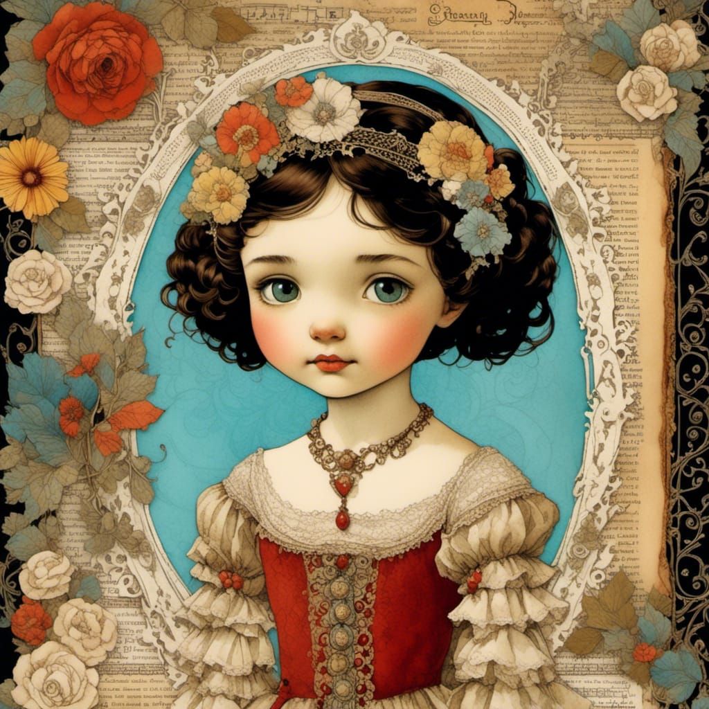 Whimsical Princess in Vintage Mixed Media Collage
