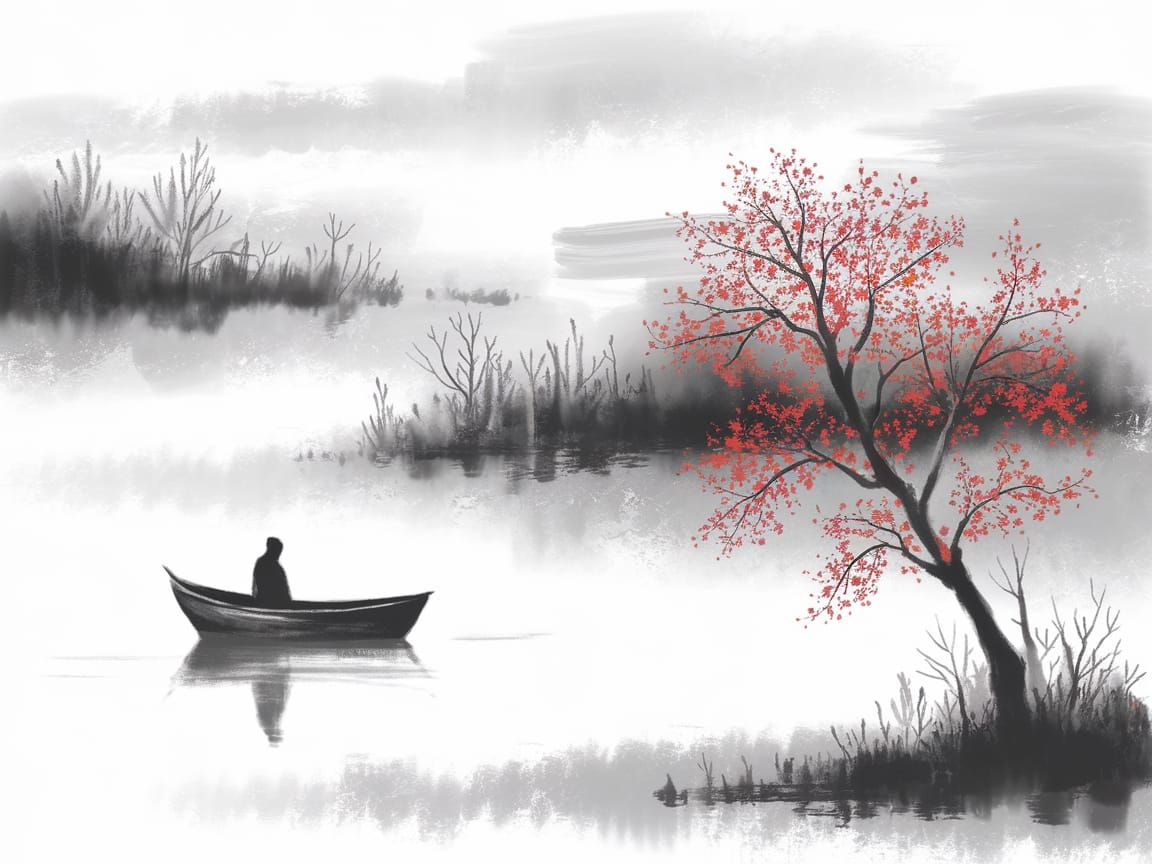 Peaceful Waters: Chinese Ink Painting with Red Accents