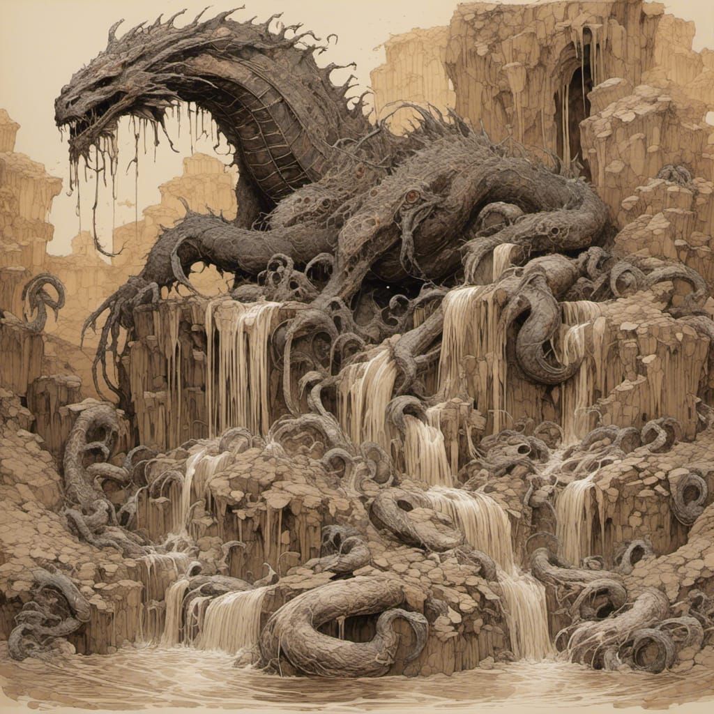 Clay Hydra Dragon with Limestone Waterfalls