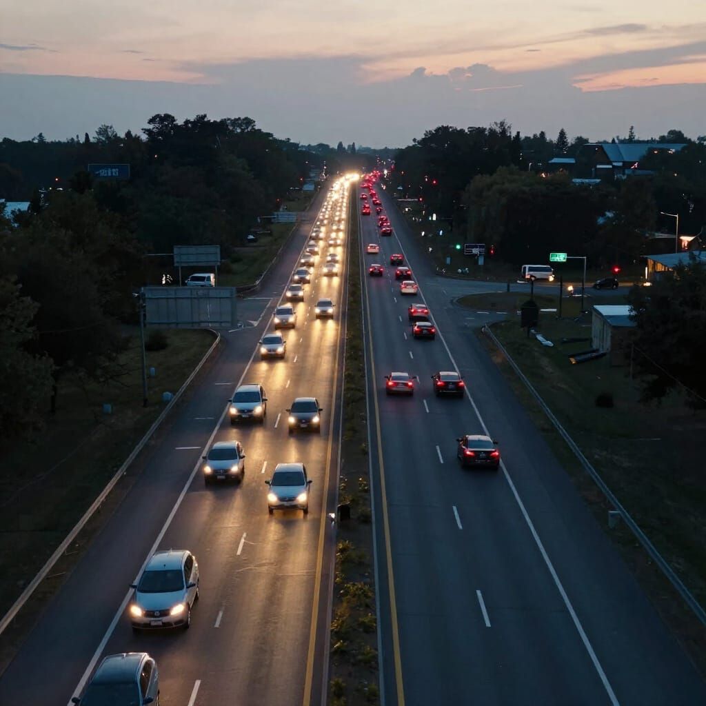 Aerial View of Busy Interstate Highway at Dusk