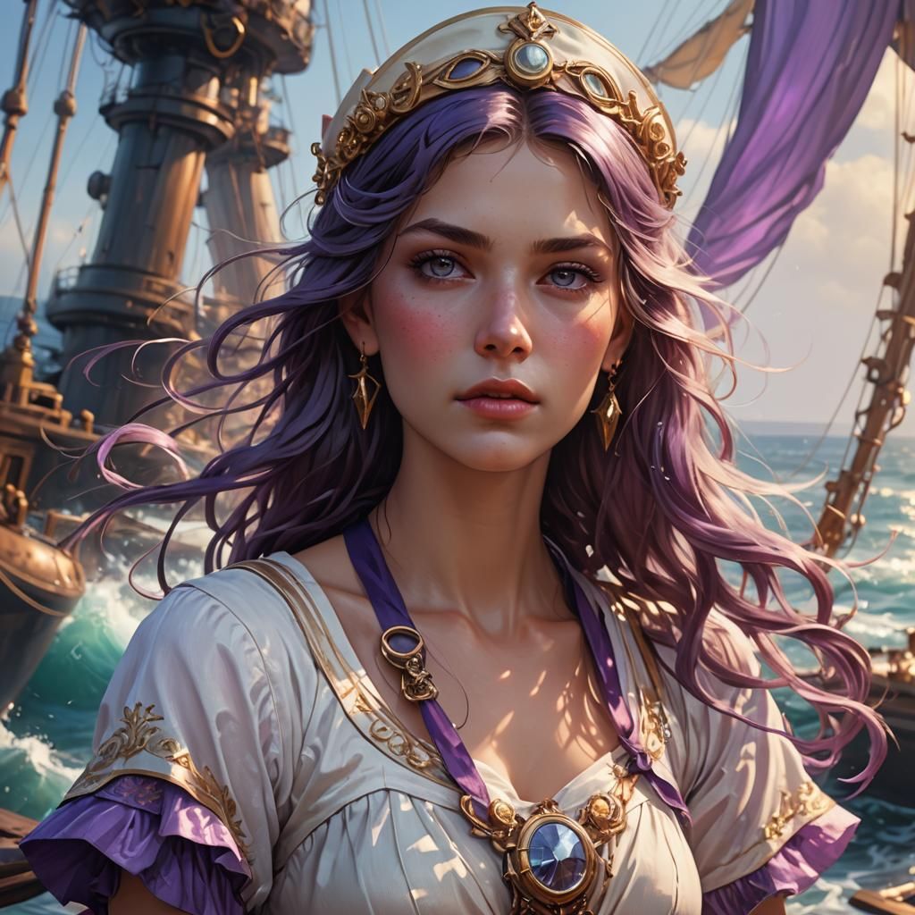 Purple-Eyed Sailor Woman: Hyperdetailed Art Nouveau Portrait