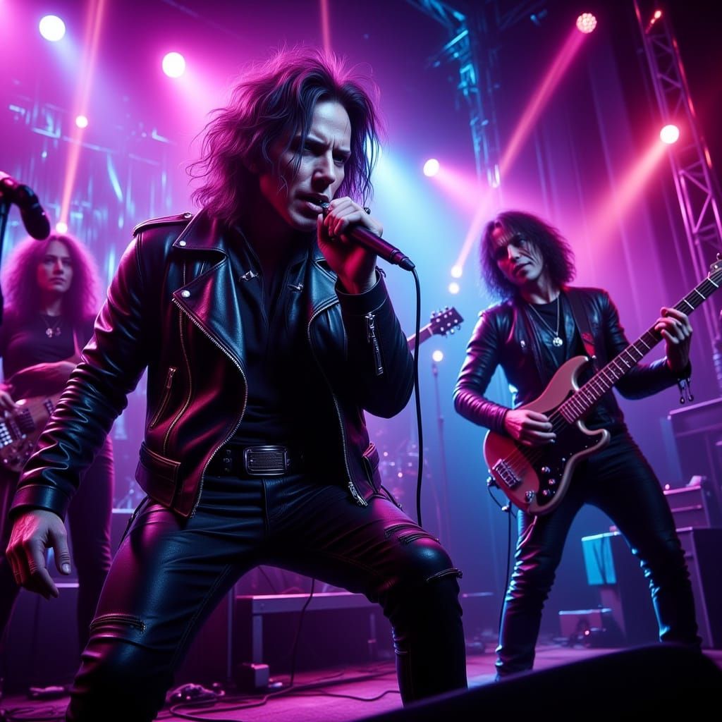 Hyperrealistic Rock Band Performance in Vibrant Neon Colors