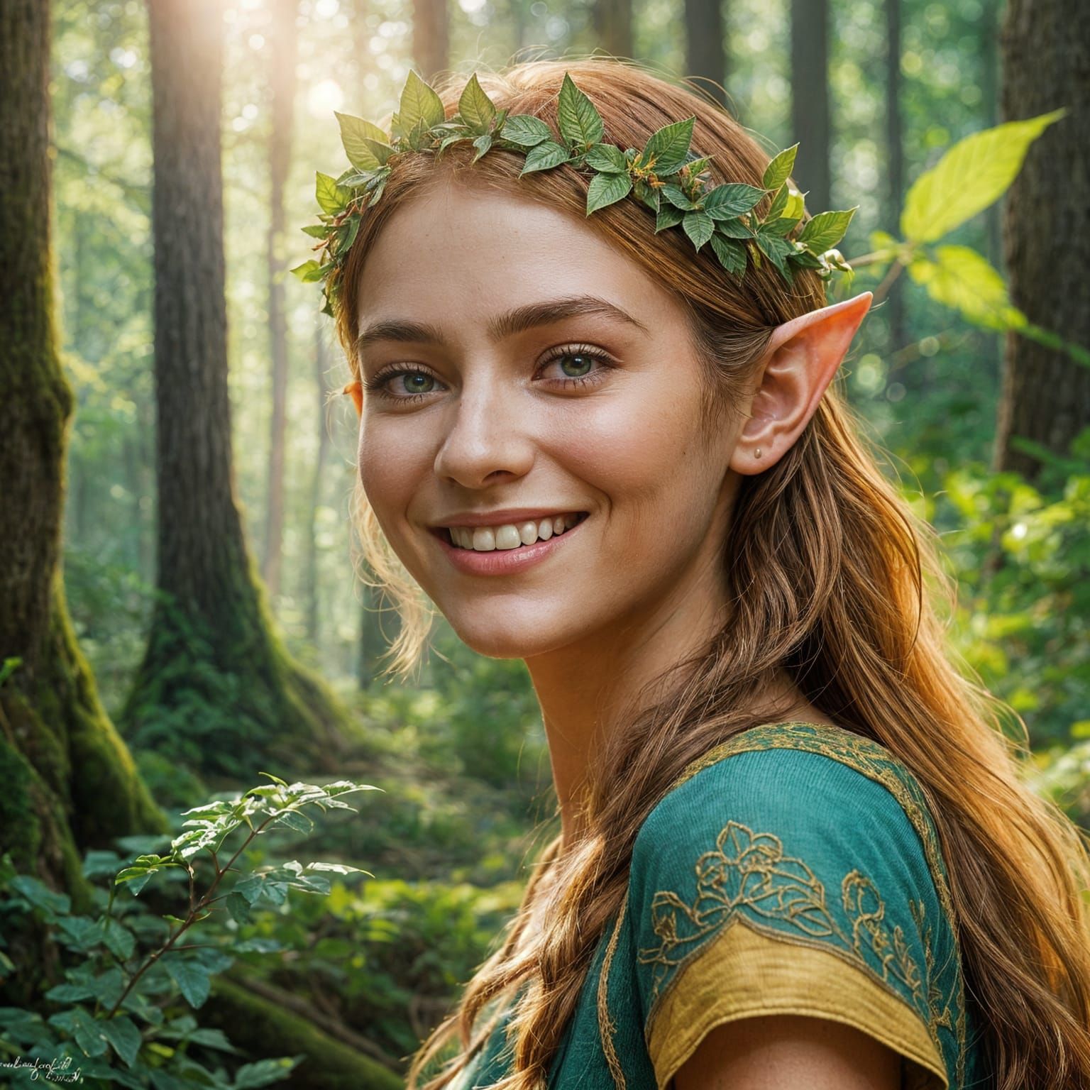 Beautiful Elf Smiling in Lush Forest Setting