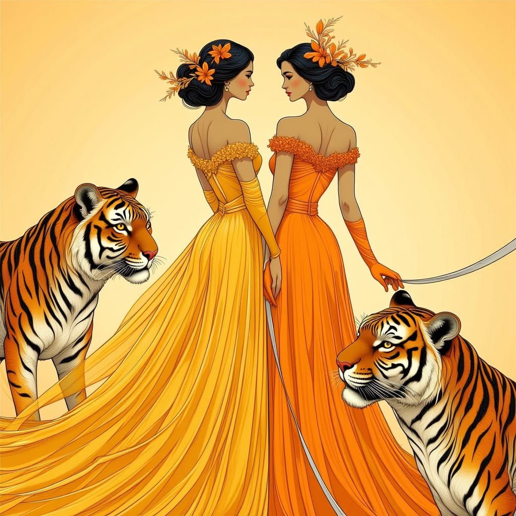 Elegant Women and Tigers in Art Nouveau Style