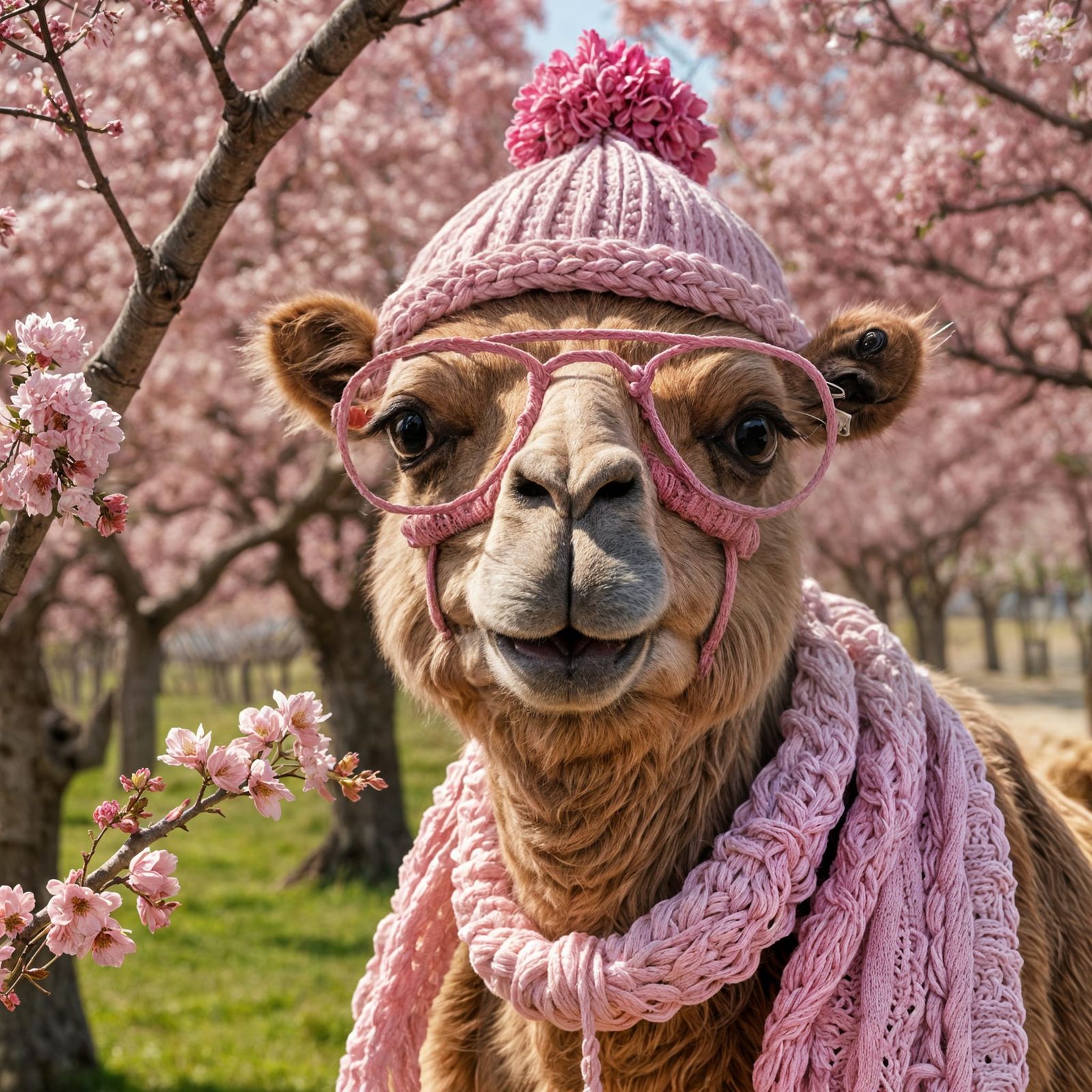 Pink Camel in Cherry Orchard Fantasy Image