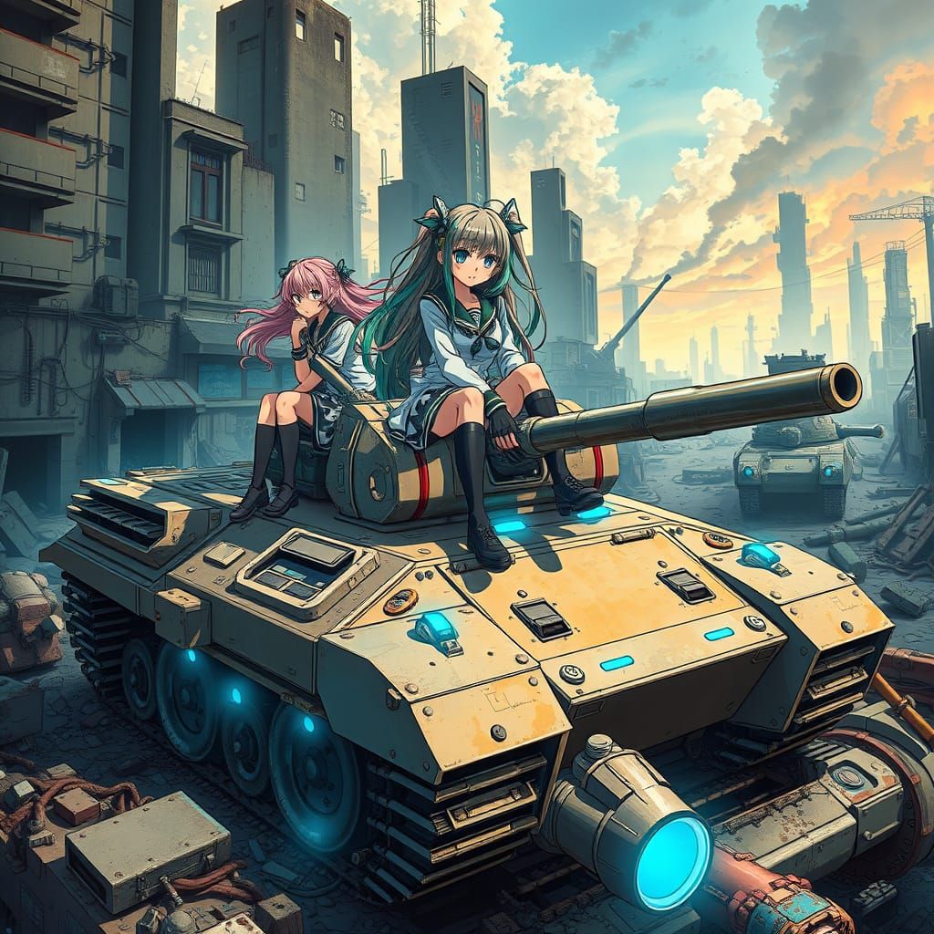 Girls in Retro-Futuristic Tanks Amidst a War-Torn Cityscape