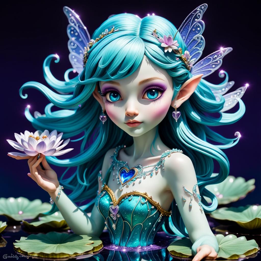 Pixie Fairy Dancing on Waterlily in Anime Style