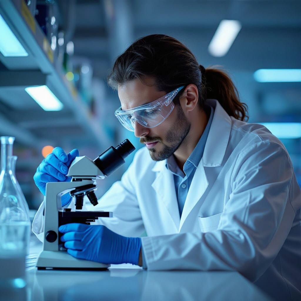 Biologist Inspects Slide in Futuristic Lab, Digital Art