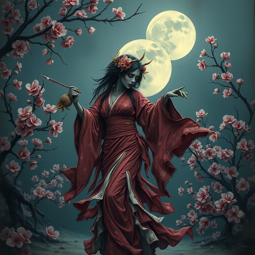 Geisha Zombie Dance Under the Moon in Dark Romanticism