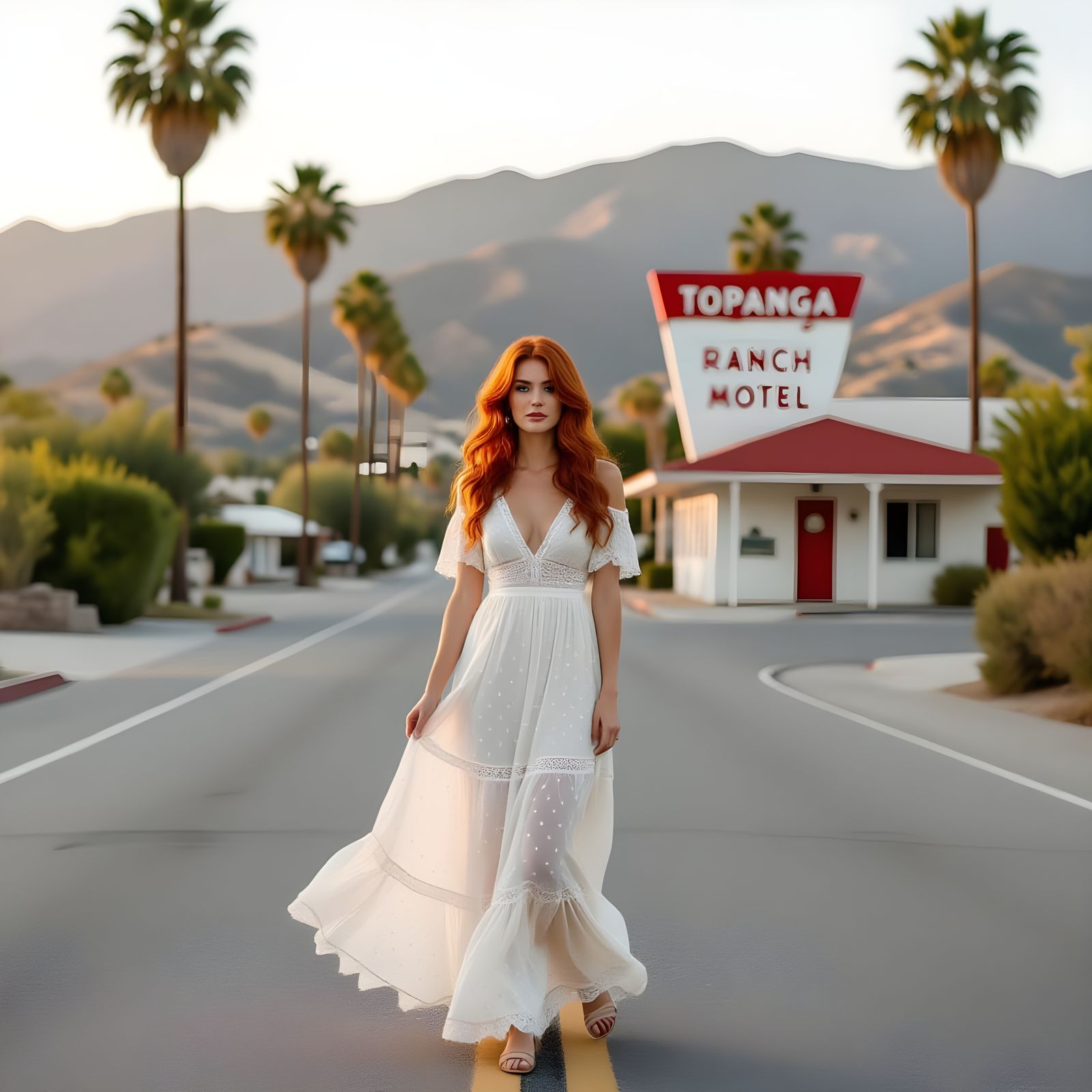 Romantic Redhead in Sheer Dress at Vintage Motel